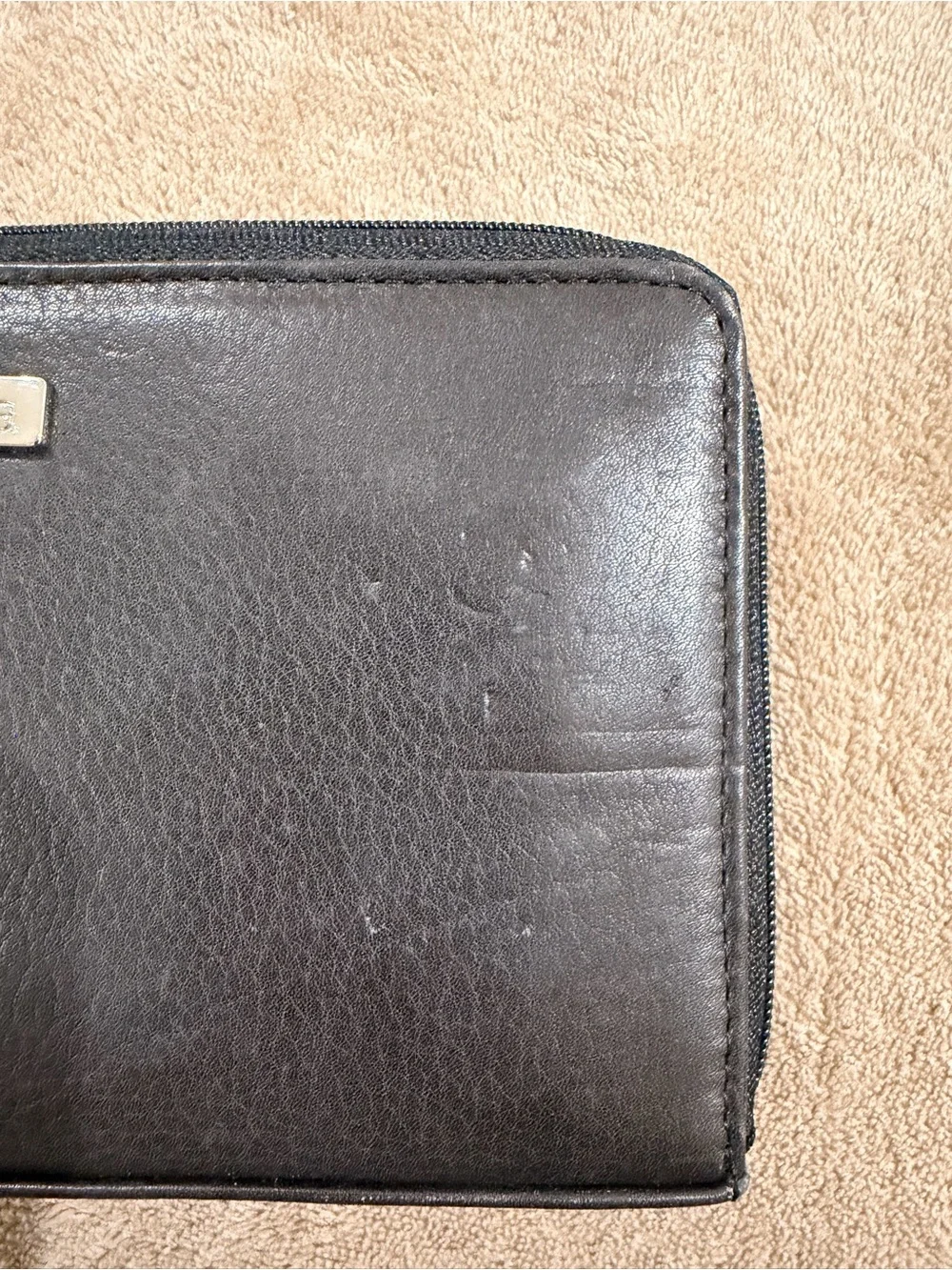 Perlina Black Leather Zip-Around Wallet with Metal Logo